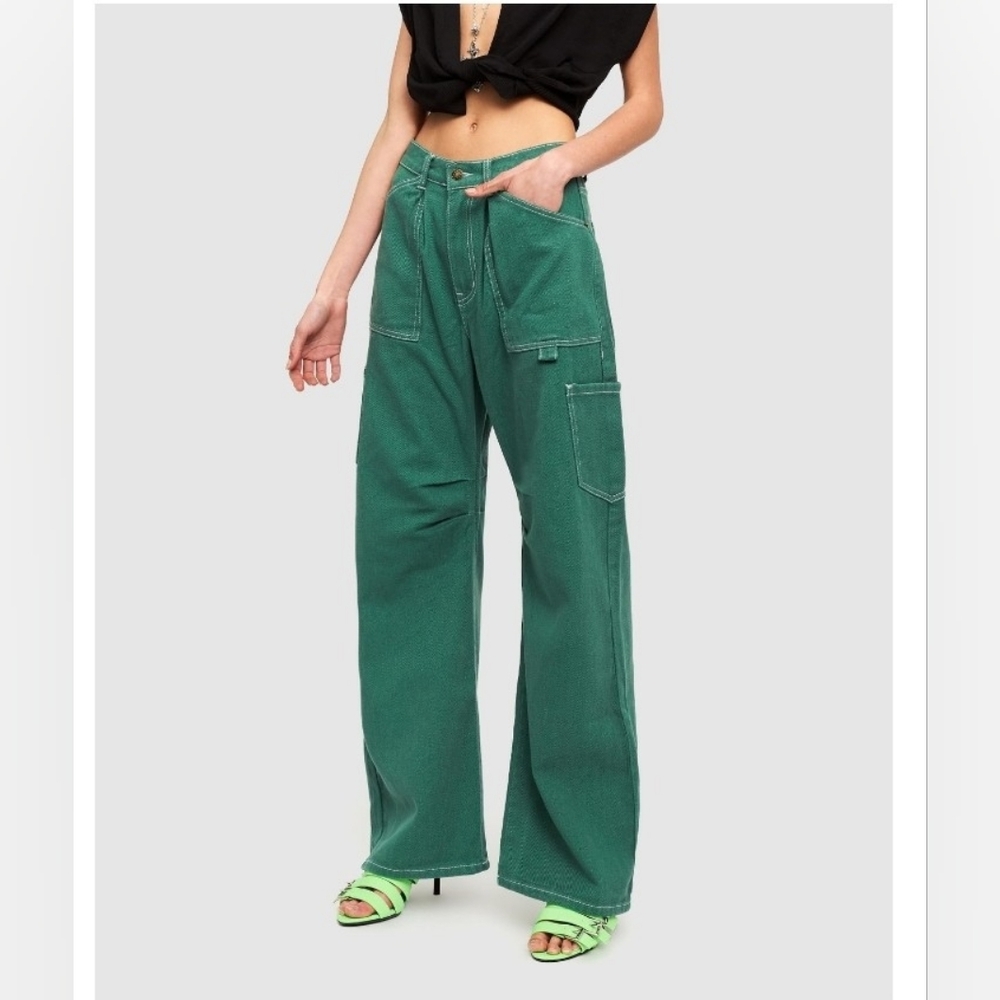 Lioness Miami Vice Green Cargo Pants Denim Size L  Wide Leg  Pockets Cotton